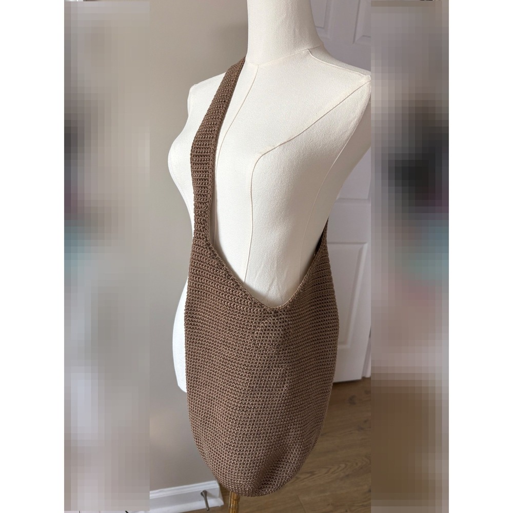 The Sak Brown Crochet Hobo Shoulder Bag Magnetic Snap Closure Slouchy Boho Woven